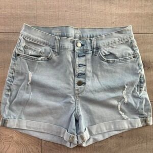 High Rise Button Fly Denim Shorts Light Wash Distressed - Size 10